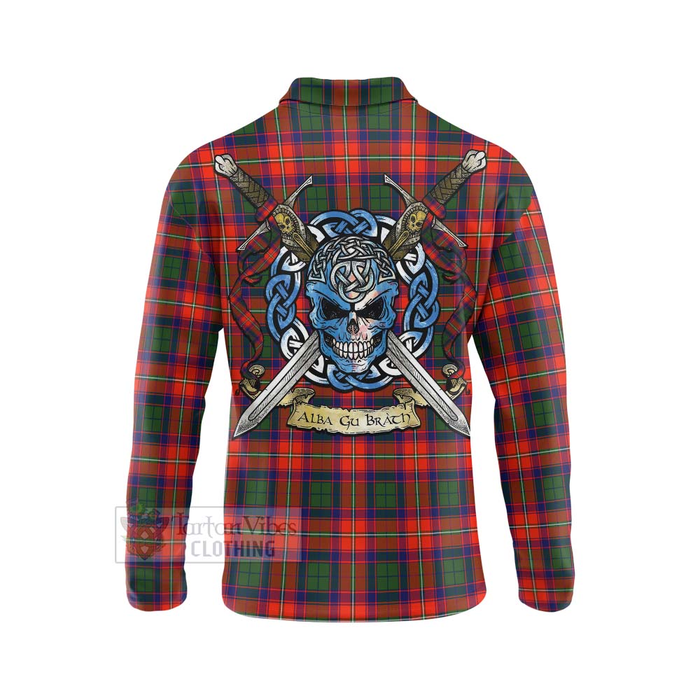 Tartan Vibes Clothing Riddell Tartan Long Sleeve Polo Shirt with Family Crest Celtic Skull Style