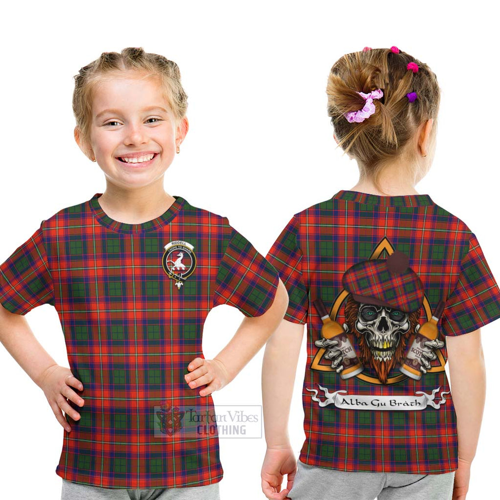 Tartan Vibes Clothing Riddell Tartan Kid T-Shirt with Family Crest and Bearded Skull Holding Bottles of Whiskey