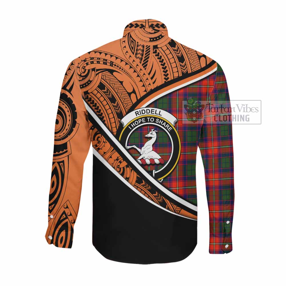 Tartan Vibes Clothing Riddell Crest Tartan Long Sleeve Button Shirt with Maori Tattoo Style - Orange Version