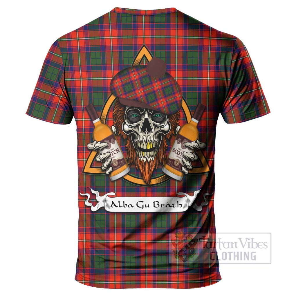 Tartan Vibes Clothing Riddell Tartan T-Shirt with Family Crest and Bearded Skull Holding Bottles of Whiskey