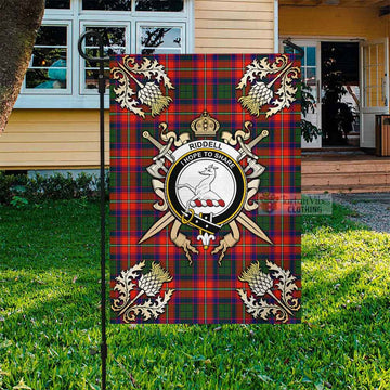 Riddell Tartan Flag with Family Crest and Golden Thistle Crossed Sword Design