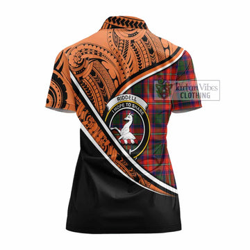 Riddell Crest Tartan Women's Polo Shirt with Polynesian Vibes Style - Orange Version