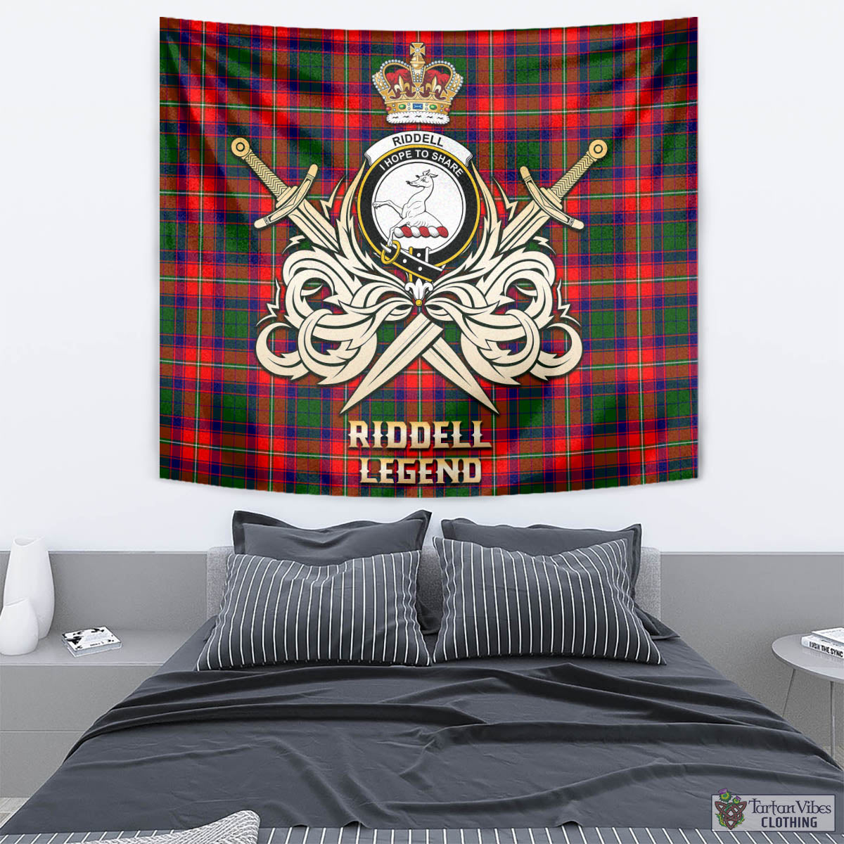 Tartan Vibes Clothing Riddell Tartan Tapestry with Clan Crest and the Golden Sword of Courageous Legacy