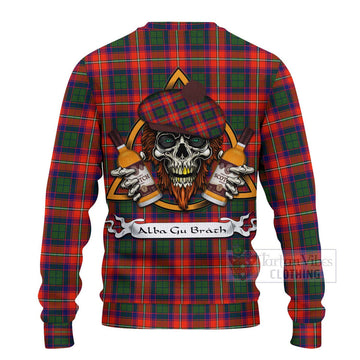 Riddell Tartan Ugly Sweater with Family Crest and Bearded Skull Holding Bottles of Whiskey