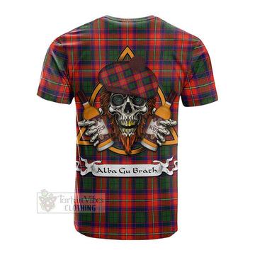 Riddell Tartan Cotton T-shirt with Family Crest and Bearded Skull Holding Bottles of Whiskey