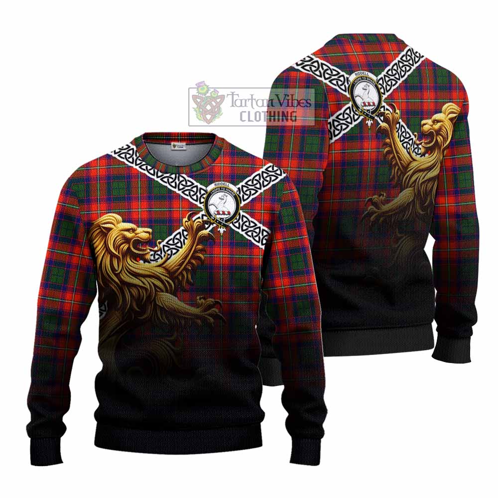 Riddell Crest Tartan Knitted Sweater with Golden Lion Emblem Celtic Style - Tartan Vibes Clothing