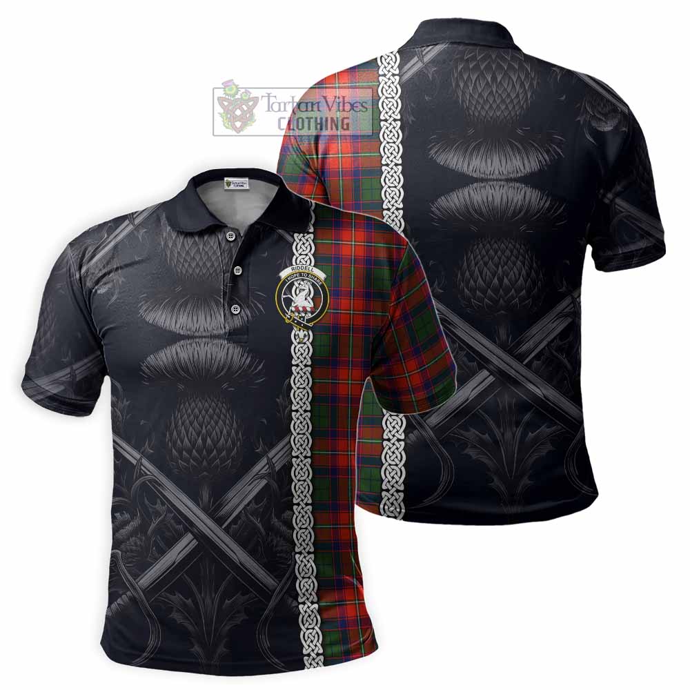 Tartan Vibes Clothing Riddell Tartan Polo Shirt with Family Crest Cross Sword Thistle Celtic Vibes