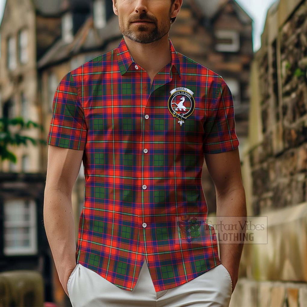 Tartan Vibes Clothing Riddell Tartan Short Sleeve Button Shirt with Family Crest Celtic Skull Style