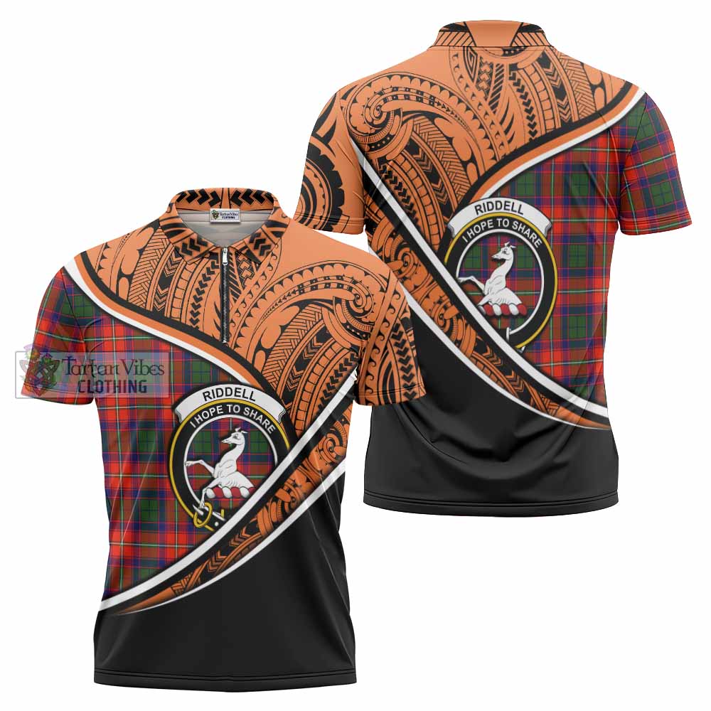 Tartan Vibes Clothing Riddell Crest Tartan Zipper Polo Shirt with Maori Tattoo Style - Orange Version