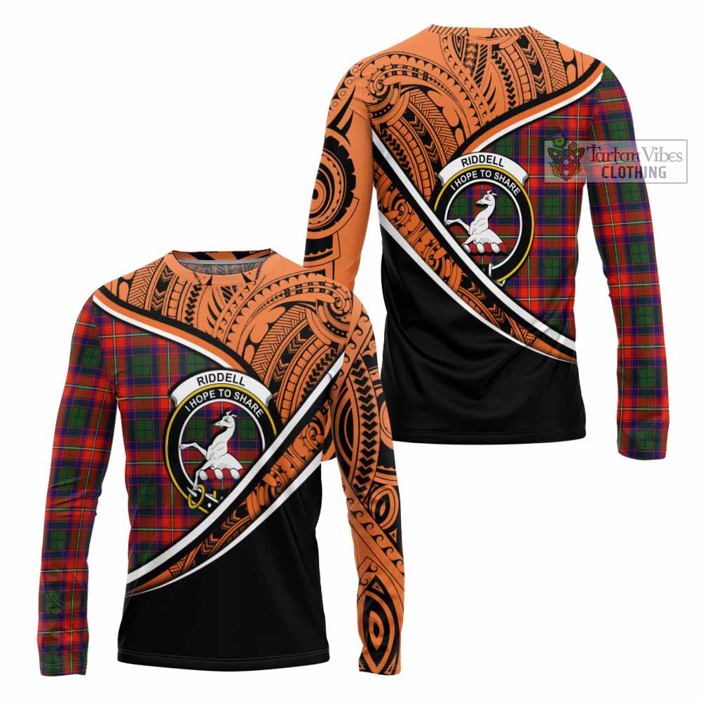 Tartan Vibes Clothing Riddell Crest Tartan Long Sleeve T-Shirt with Maori Tattoo Style - Orange Version