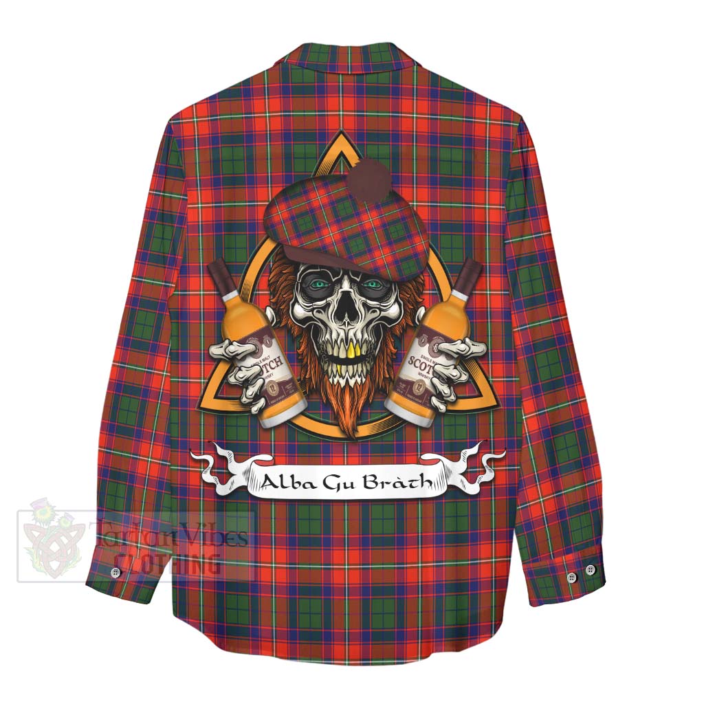 Tartan Vibes Clothing Riddell Tartan Women's Casual Shirt with Family Crest and Bearded Skull Holding Bottles of Whiskey