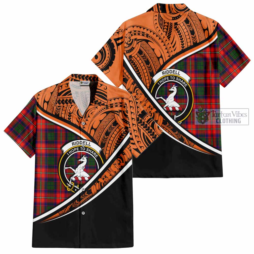 Tartan Vibes Clothing Riddell Crest Tartan Short Sleeve Button Shirt with Maori Tattoo Style - Orange Version