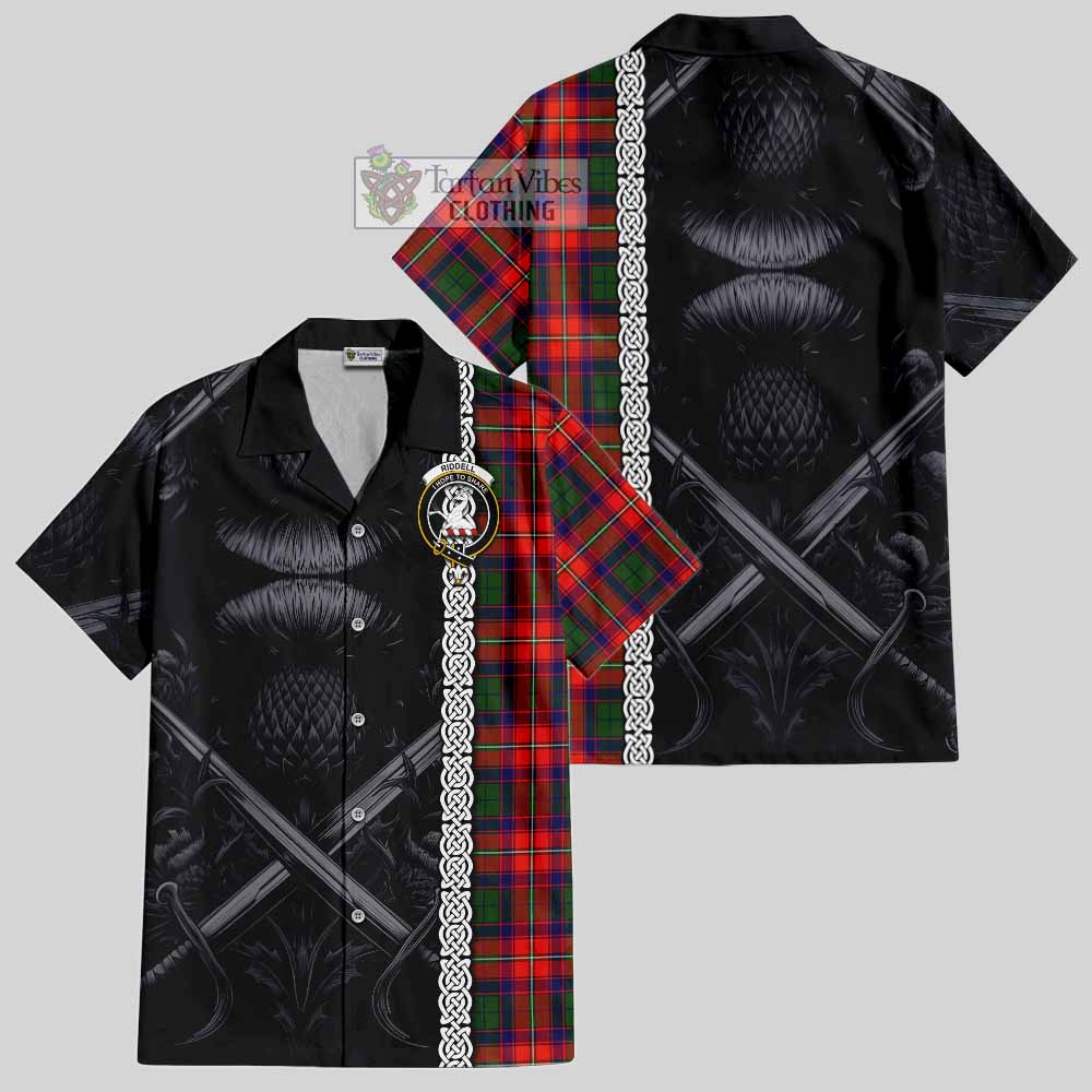 Tartan Vibes Clothing Riddell Tartan Short Sleeve Button Shirt with Family Crest Cross Sword Thistle Celtic Vibes