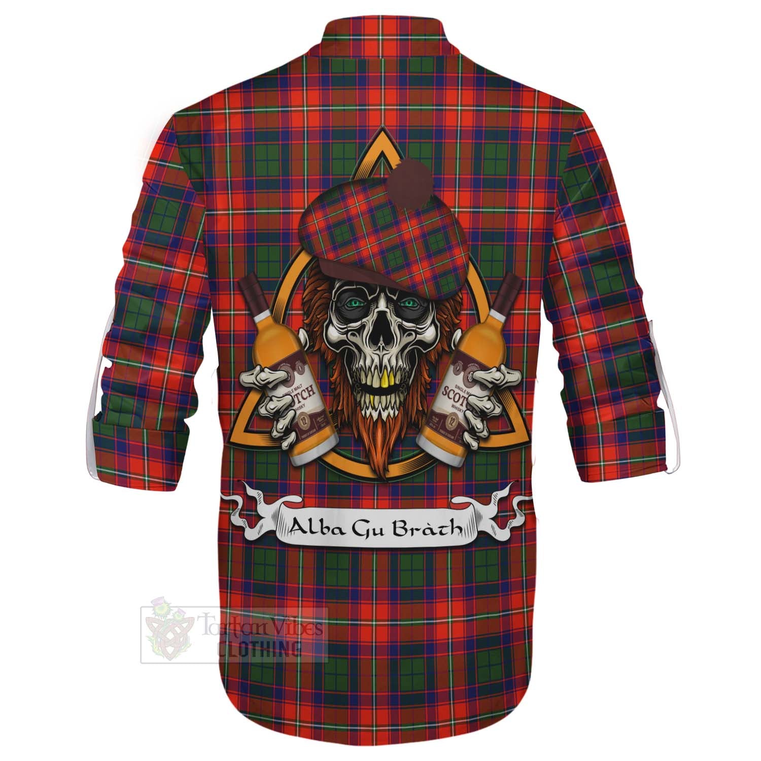 Tartan Vibes Clothing Riddell Tartan Ghillie Kilt Shirt with Family Crest and Bearded Skull Holding Bottles of Whiskey