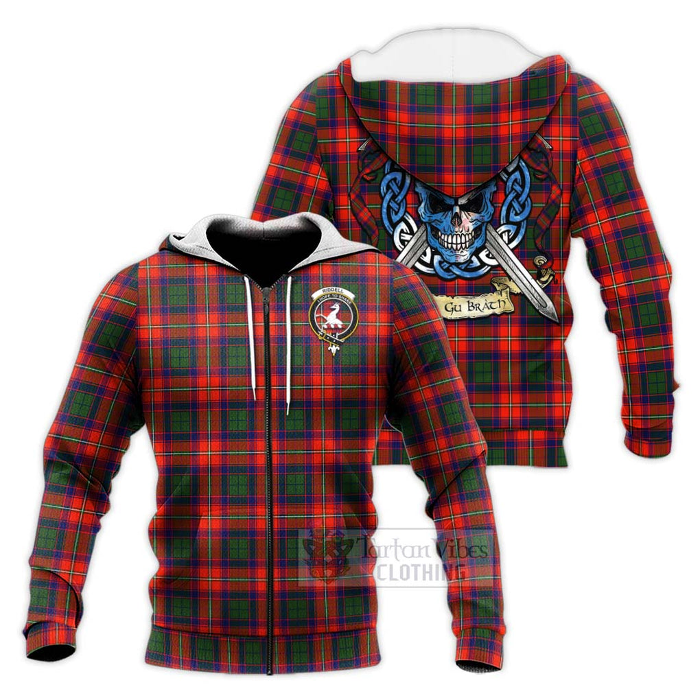 Tartan Vibes Clothing Riddell Tartan Knitted Hoodie with Family Crest Celtic Skull Style