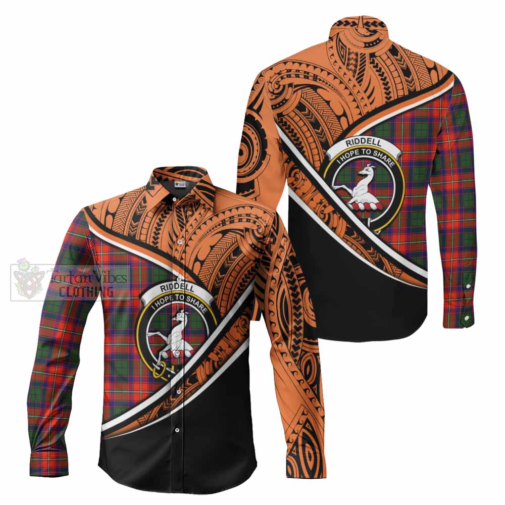 Tartan Vibes Clothing Riddell Crest Tartan Long Sleeve Button Shirt with Maori Tattoo Style - Orange Version