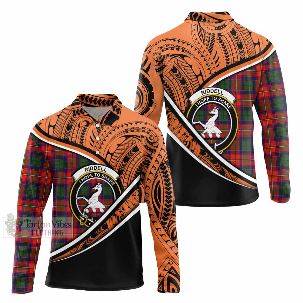 Tartan Vibes Clothing Riddell Crest Tartan Long Sleeve Polo Shirt with Maori Tattoo Style - Orange Version