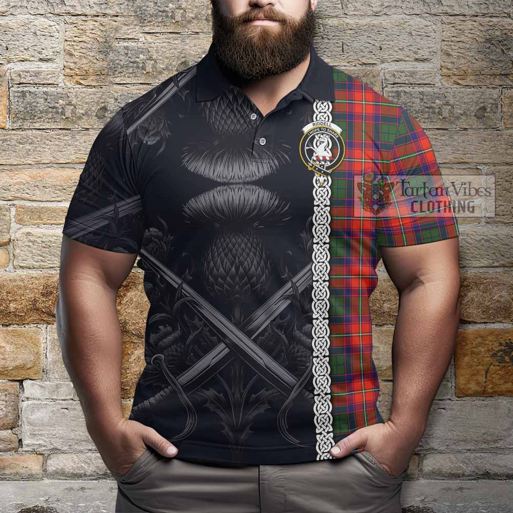 Tartan Vibes Clothing Riddell Tartan Polo Shirt with Family Crest Cross Sword Thistle Celtic Vibes