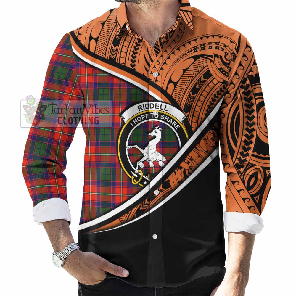 Tartan Vibes Clothing Riddell Crest Tartan Long Sleeve Button Shirt with Maori Tattoo Style - Orange Version