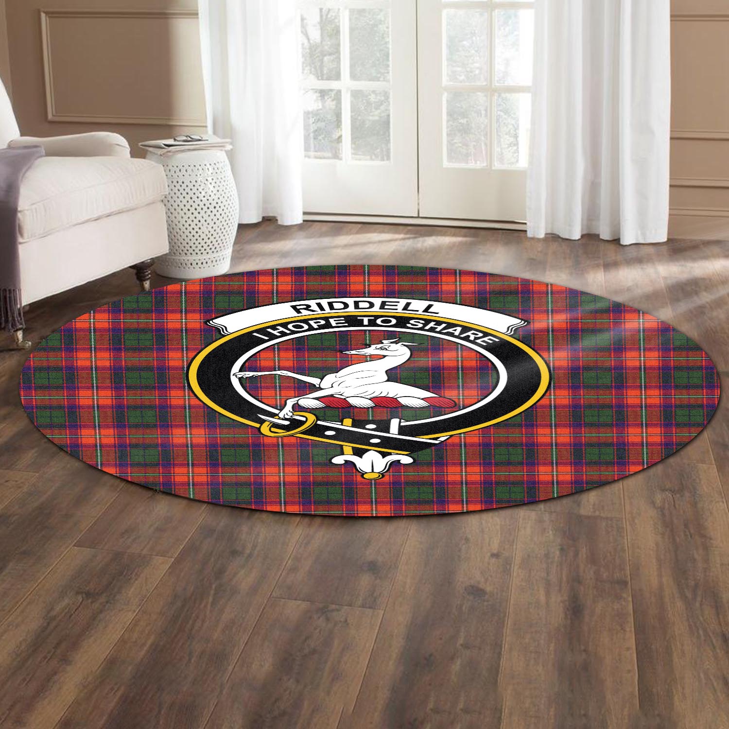 riddell-tartan-round-rug-with-family-crest