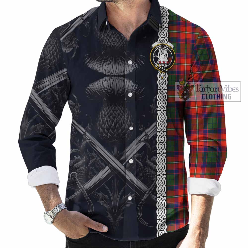 Tartan Vibes Clothing Riddell Tartan Long Sleeve Button Shirt with Family Crest Cross Sword Thistle Celtic Vibes