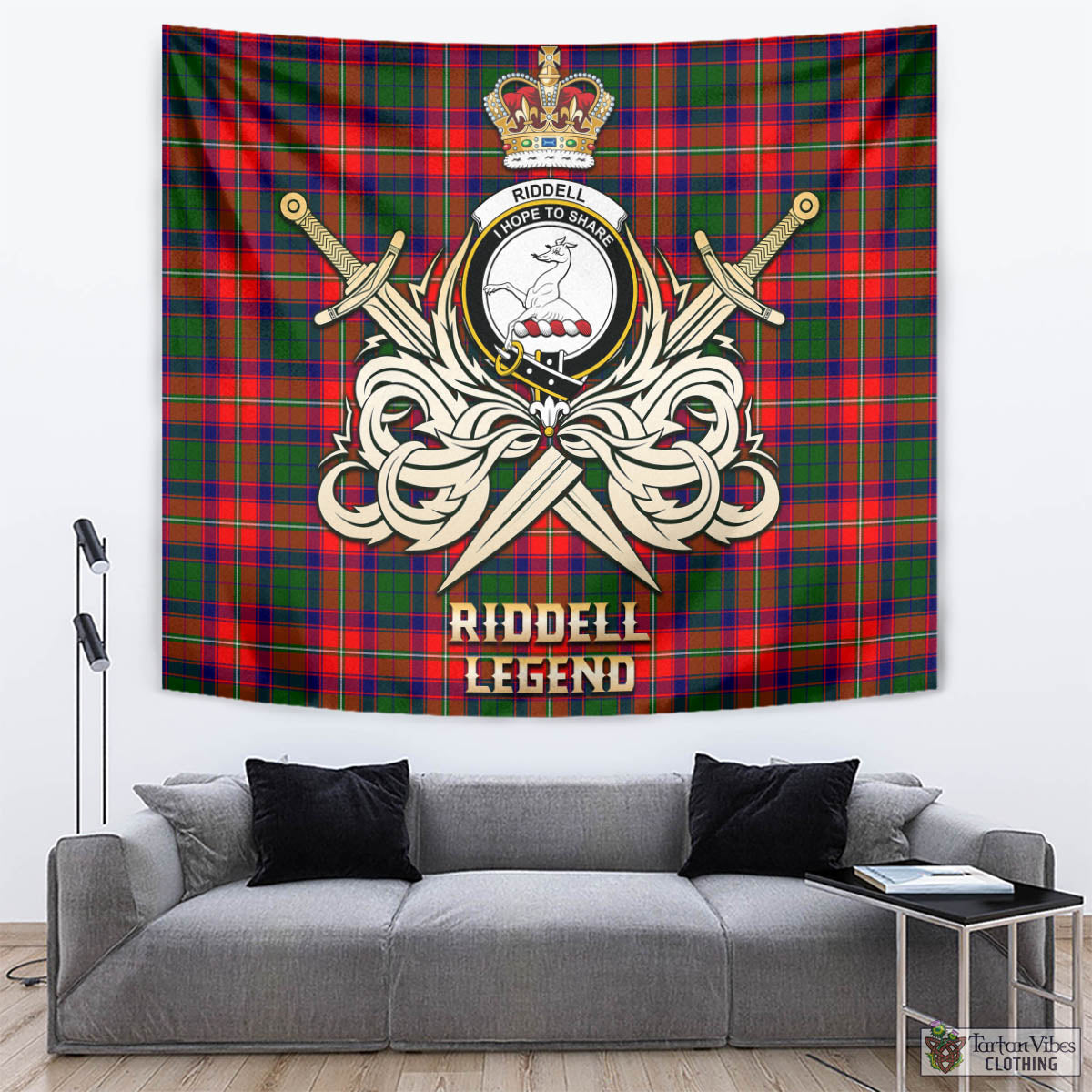 Tartan Vibes Clothing Riddell Tartan Tapestry with Clan Crest and the Golden Sword of Courageous Legacy