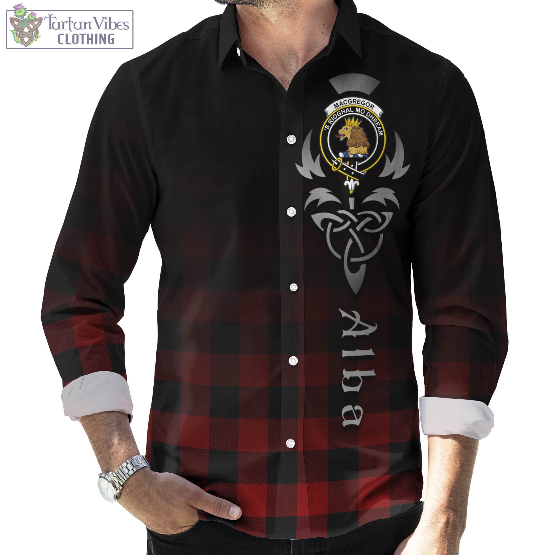 Tartan Vibes Clothing Rob Roy Macgregor Tartan Long Sleeve Button Up Featuring Alba Gu Brath Family Crest Celtic Inspired