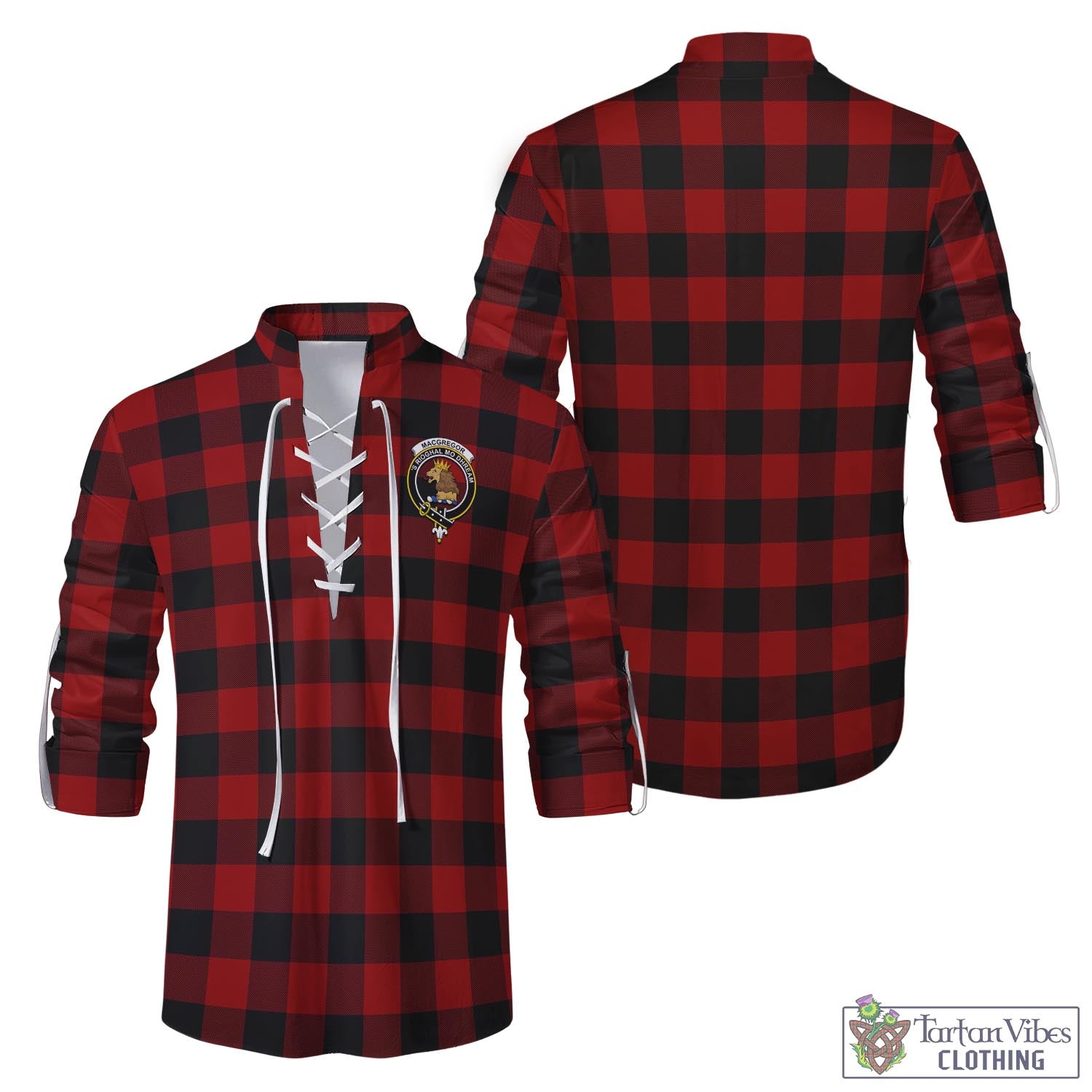 Tartan Vibes Clothing Rob Roy Macgregor Tartan Men's Scottish Traditional Jacobite Ghillie Kilt Shirt with Family Crest