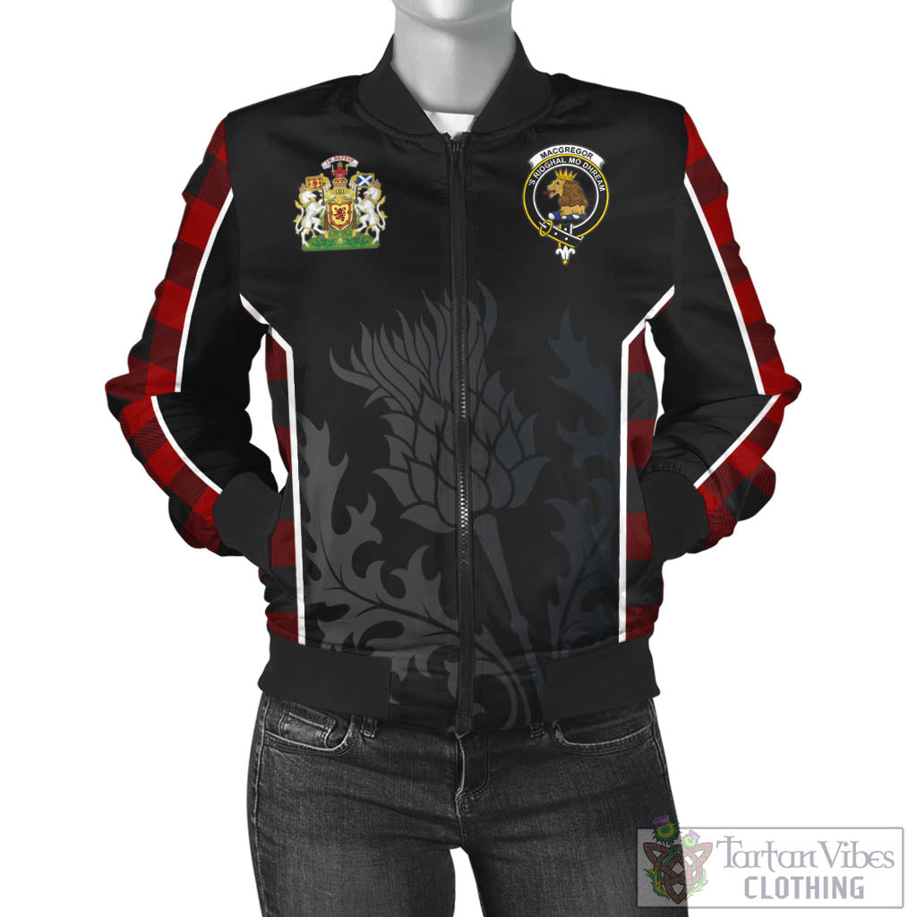 Tartan Vibes Clothing Rob Roy Macgregor Tartan Bomber Jacket with Family Crest and Scottish Thistle Vibes Sport Style