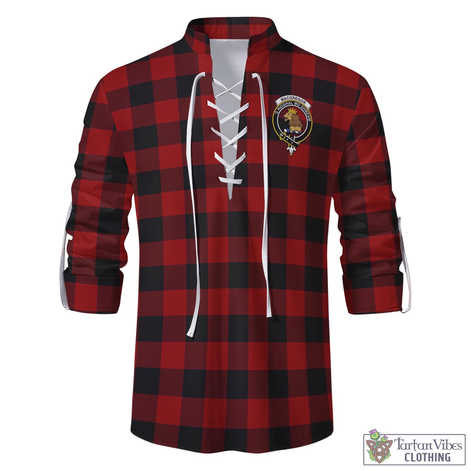 Tartan Vibes Clothing Rob Roy Macgregor Tartan Men's Scottish Traditional Jacobite Ghillie Kilt Shirt with Family Crest