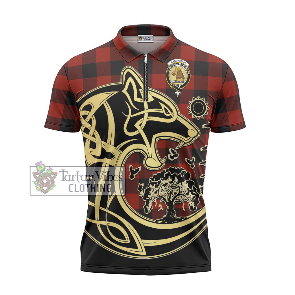 Rob Roy Macgregor Tartan Zipper Polo Shirt with Family Crest Celtic Wolf Style - Tartanvibesclothing Shop