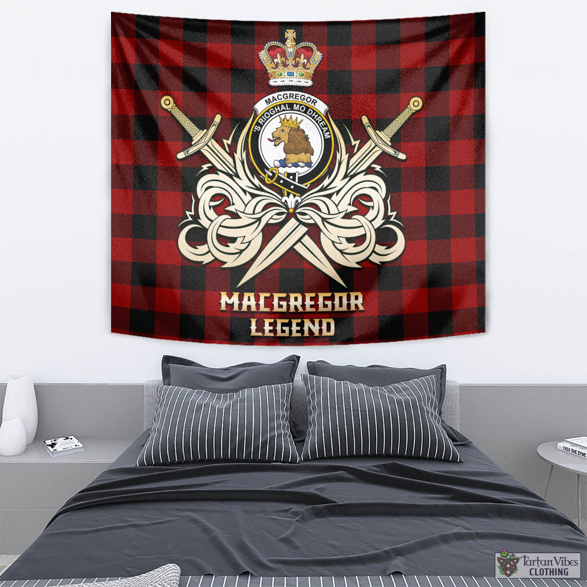 Tartan Vibes Clothing Rob Roy Macgregor Tartan Tapestry with Clan Crest and the Golden Sword of Courageous Legacy