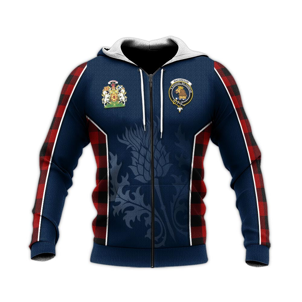 Tartan Vibes Clothing Rob Roy Macgregor Tartan Knitted Hoodie with Family Crest and Scottish Thistle Vibes Sport Style