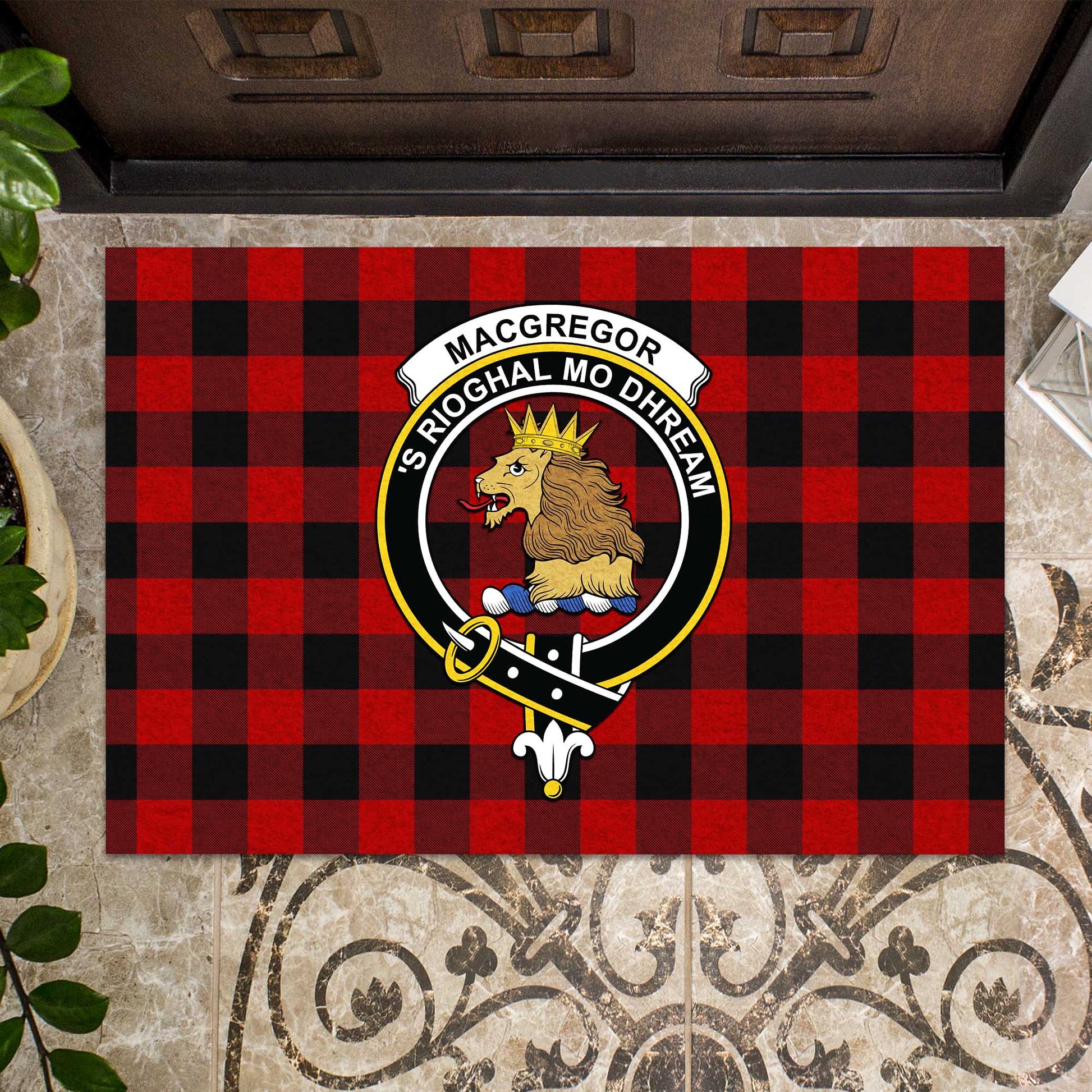 Rob Roy Macgregor Tartan Door Mat with Family Crest - Tartanvibesclothing