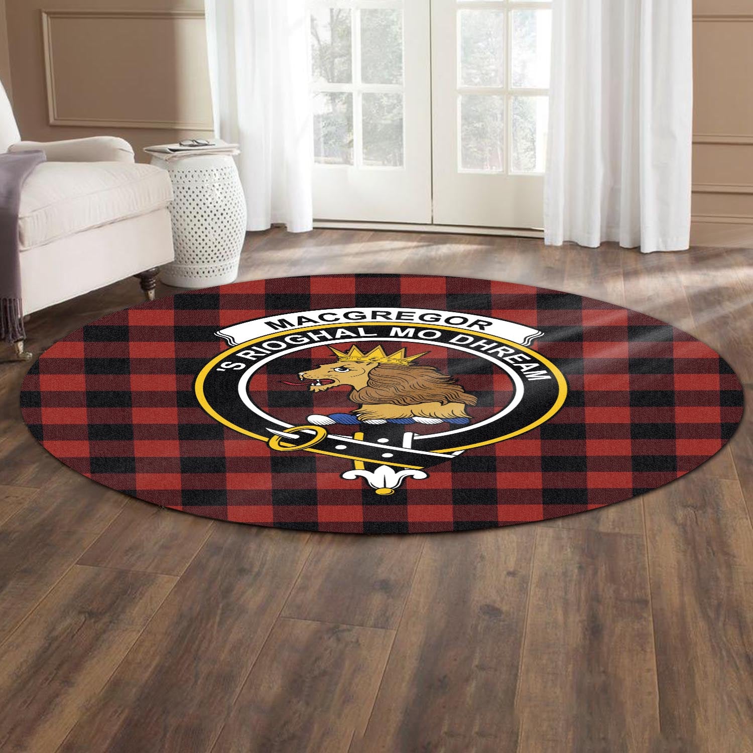 rob-roy-macgregor-tartan-round-rug-with-family-crest