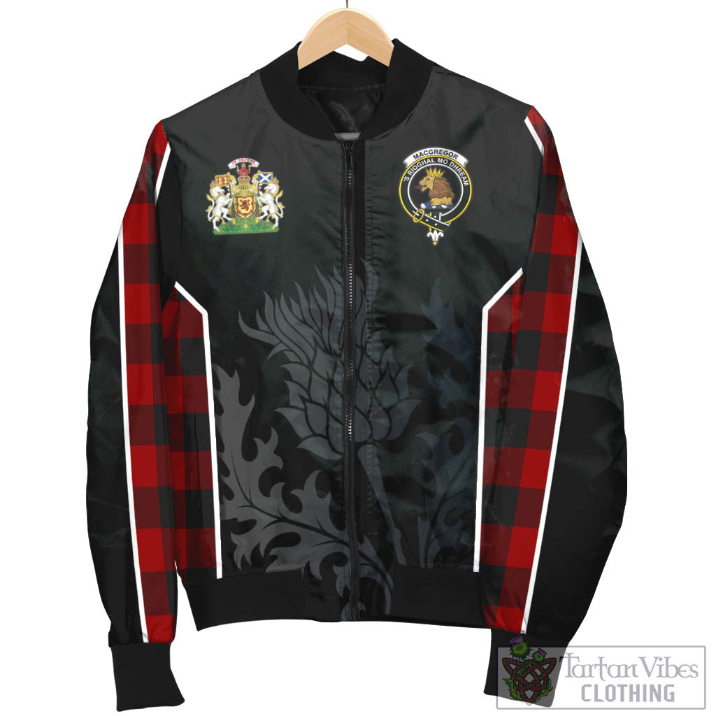 Tartan Vibes Clothing Rob Roy Macgregor Tartan Bomber Jacket with Family Crest and Scottish Thistle Vibes Sport Style