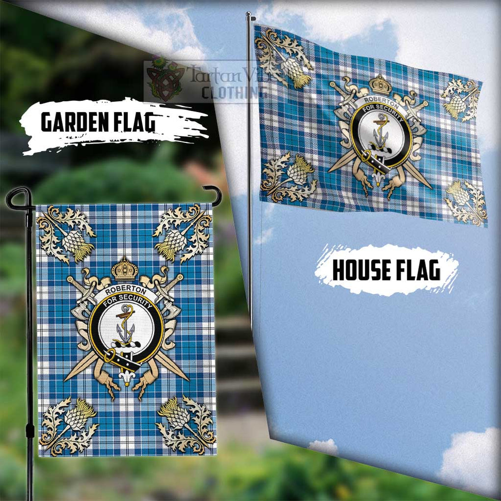 Tartan Vibes Clothing Roberton Tartan Flag with Family Crest and Golden Thistle Crossed Sword Design