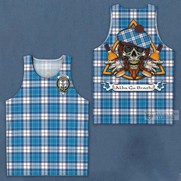 Roberton Tartan Men's Tank Top with Family Crest and Bearded Skull Holding Bottles of Whiskey