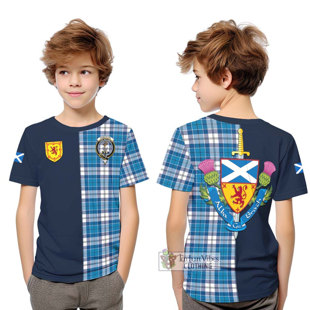 Tartan Vibes Clothing Roberton Tartan Kid T-Shirt with Scottish Lion Royal Arm Half Style