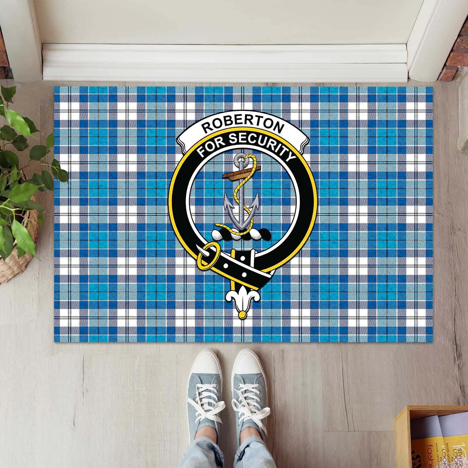 Roberton Tartan Door Mat with Family Crest - Tartanvibesclothing Shop