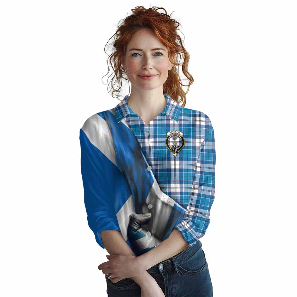 Tartan Vibes Clothing Roberton Tartan Women's Casual Shirt with Family Crest Scotland Patriotic Style