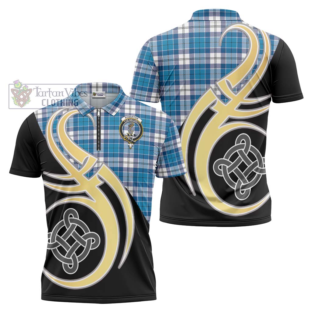 Tartan Vibes Clothing Roberton Tartan Zipper Polo Shirt with Family Crest and Celtic Symbol Style