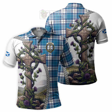 Roberton Tartan Polo Shirt with Family Crest and St. Andrew's Cross Accented by Thistle Vines Kid - Tartan Vibes Clothing