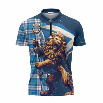 Roberton Tartan Family Crest Zipper Polo Shirt with Scottish Majestic Lion