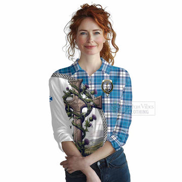 Roberton Tartan Women's Casual Shirt with Family Crest and St. Andrew's Cross Accented by Thistle Vines Female - Tartan Vibes Clothing