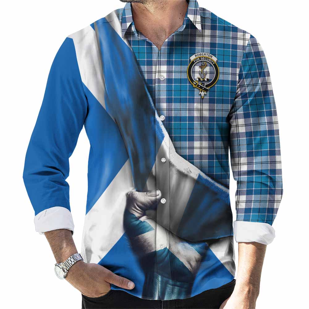 Tartan Vibes Clothing Roberton Tartan Long Sleeve Button Shirt with Family Crest Scotland Patriotic Style