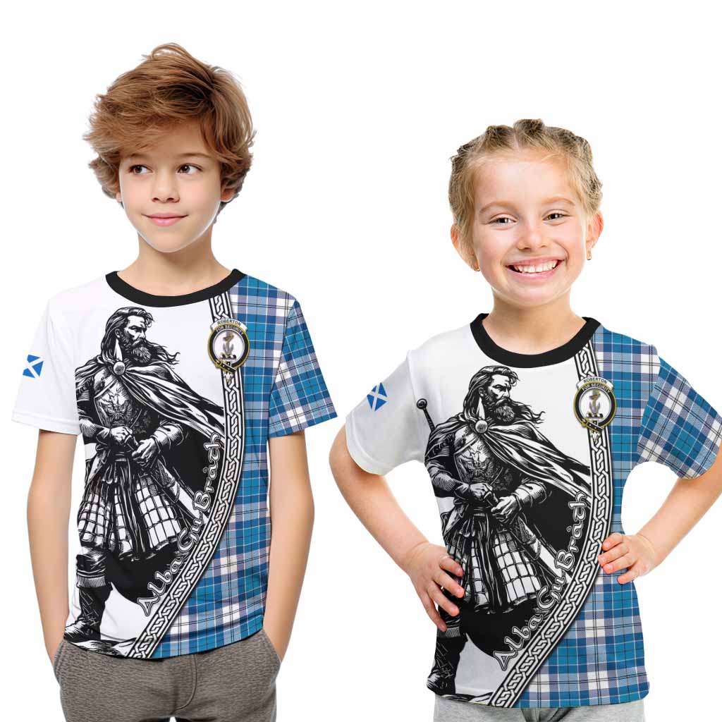 Roberton Tartan Clan Crest Kid T-Shirt with Highlander Warrior Celtic Style