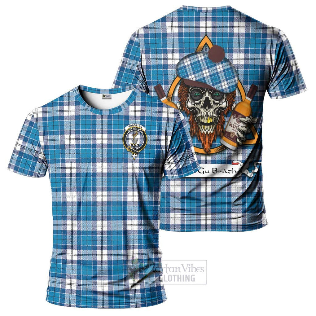 Tartan Vibes Clothing Roberton Tartan T-Shirt with Family Crest and Bearded Skull Holding Bottles of Whiskey