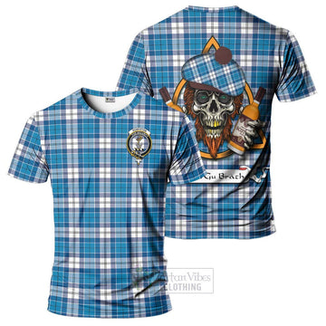 Roberton Tartan T-Shirt with Family Crest and Bearded Skull Holding Bottles of Whiskey