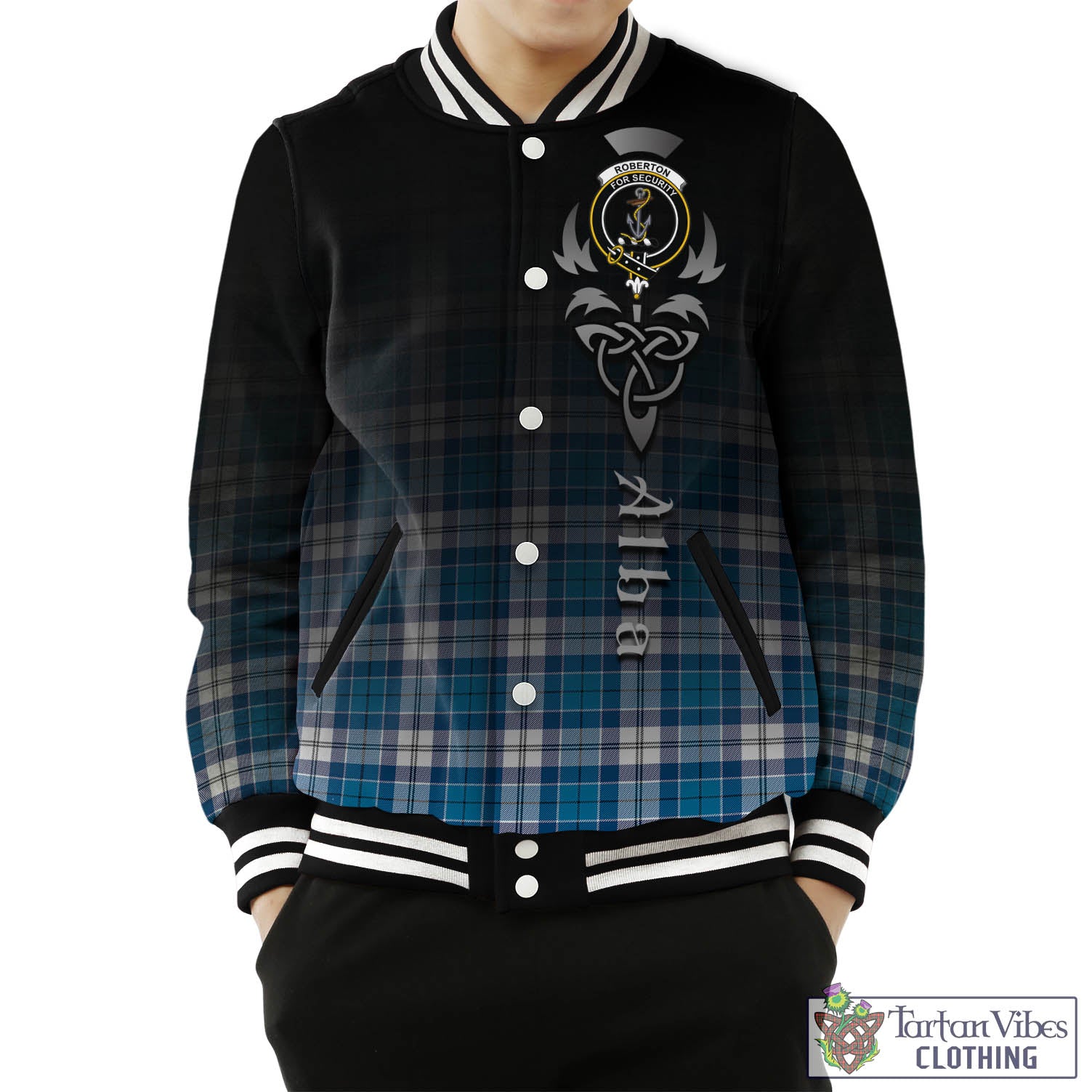 Tartan Vibes Clothing Roberton Tartan Baseball Jacket Featuring Alba Gu Brath Family Crest Celtic Inspired